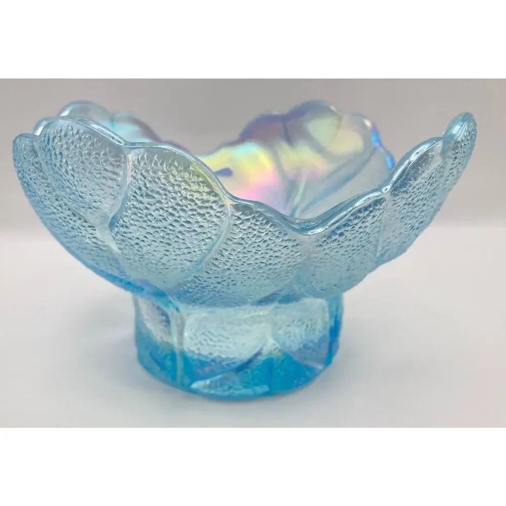 VTG LE Smith Iridescent Carnival Glass Candle Holder - Candy Bowl - Cabbage Leaf